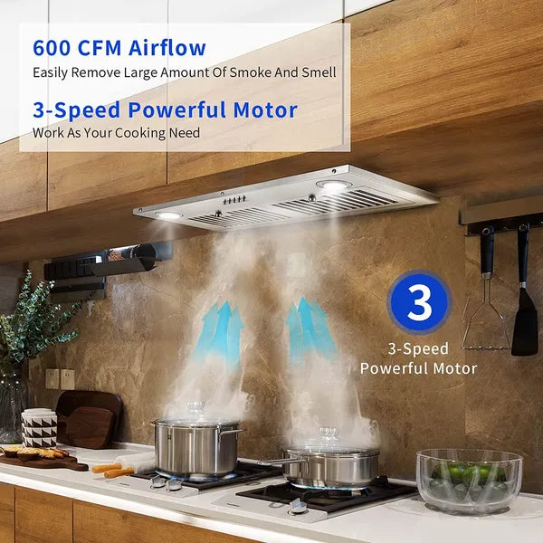 30 Inch Stainless Steel Range Hood Insert with Front Controls & LED Lights - 600CFM Ventilation