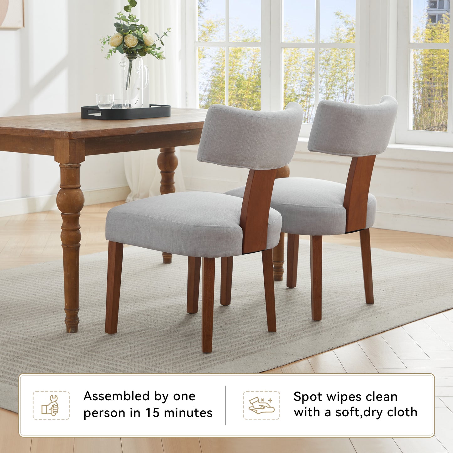 Set of 2 Gray Linen Modern Dining Chairs with Curved Backrest