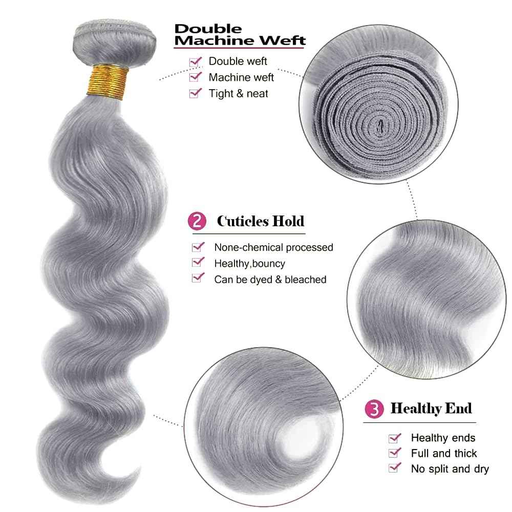 Giginger Sliver Grey Human Hair Bundles 22 24 26 inch Body Wave Human Hair Bundles Sliver Grey 100% Unprocessed Raw Quick Weave Hair for Black Women