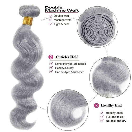 Cklikeb Human Hair Bundles Grey Color Body Wave Bundles Human Hair Unprocessed Brazilian Virgin 3 Bundles Quick Weave Human Hair Extensions (Grey Body Wave, 26 28 30)