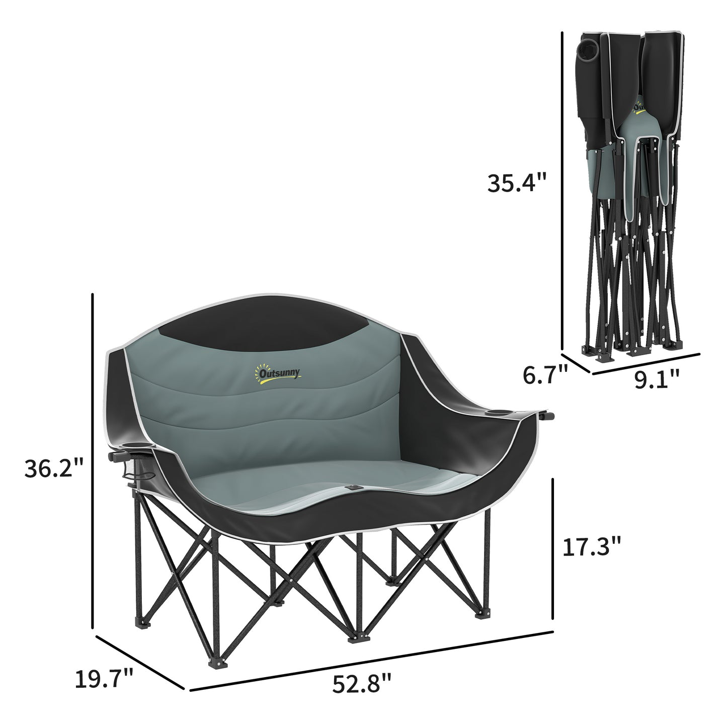 Double Padded Camping Chair with Armrests and Cup Holders - Black