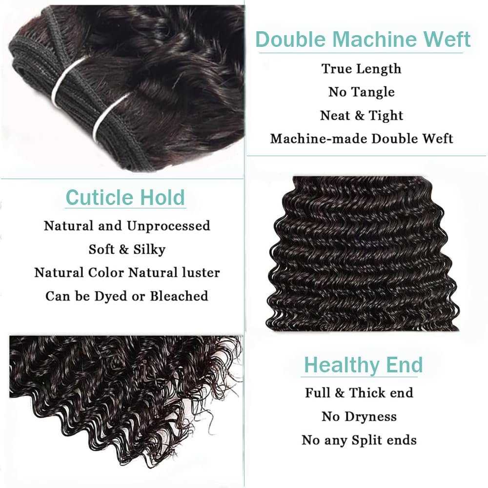 12A Virgin Deep Wave Human Hair Bundles 18 20 22 Inch Curly Bundles Human Hair 100% Unprocessed 3 Bundle Brazilian Human Hair Extensions Quick Weave Natural Black Color