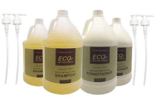 ECO amenities Gallon Size Nourishing Shampoo and Moisturizing Conditioner, Refill Hair Care Bathroom Hotel Toiletries, Set 4 Bottles per Case with Extra Pump Dispenser, Light Yellow, Tea Tree, 512 Fl Oz