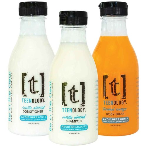 TEENOLOGY Shampoo, Conditioner, and Body Wash Bundle (Save 10%) - Sulfate and Paraben Free, Noncomedogenic, Natural Botanical Extracts, Vanilla Almond & Tropical Orange- 16 oz.