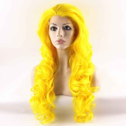 MX angel Long Wavy Celebrity Synthetic Lace Front Yellow Cosplay Party Wig