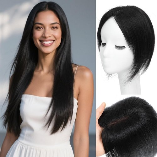 Uniferry Hair Toppers for Women Real Human Hair 12inch 13x14cm(5.1x5.5inch) Swiss Base 360°3D With Thinning Upgrade Middle Part Clip in Wispy Bnags (Natural Black,Side)
