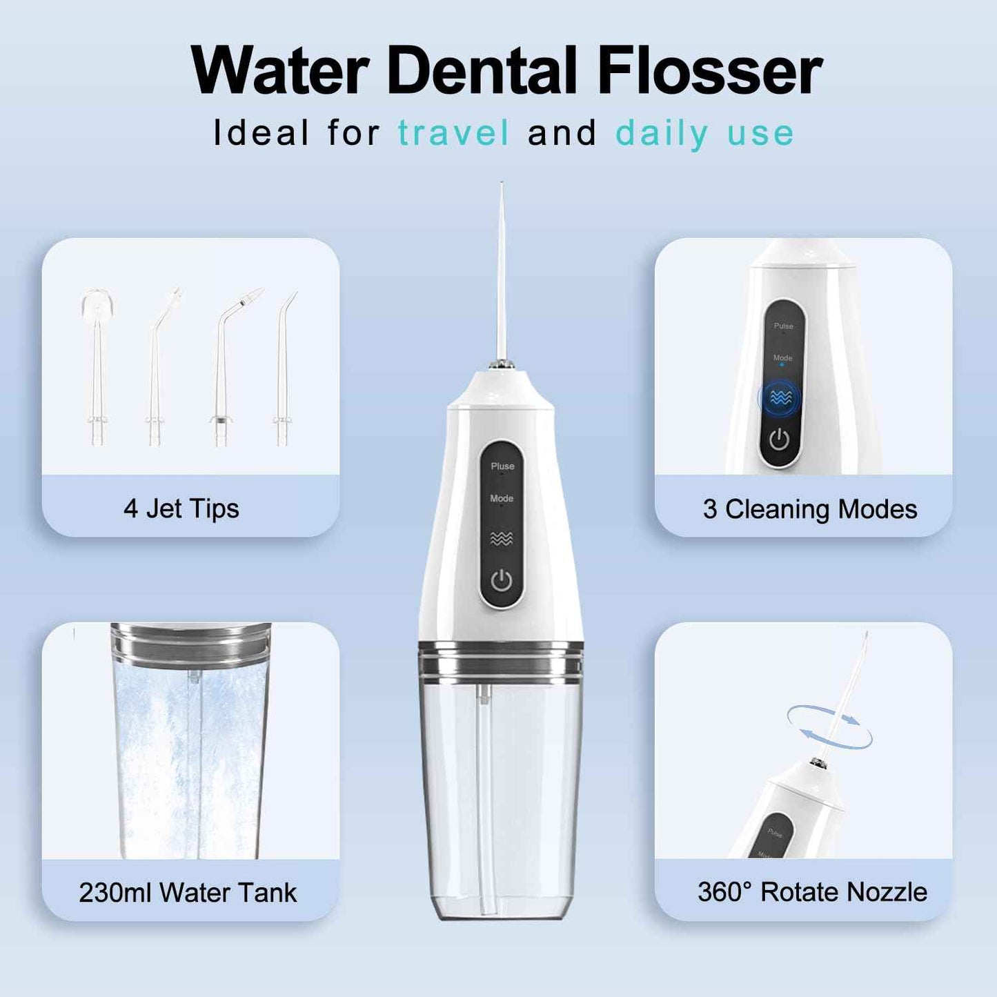 Portable Water Dental Flosser with 4 Jet Tip, 3 Mode Cordless Rechargeable Teeth Cleaner, Powerful Waterproof Dental Floss for Home Travel