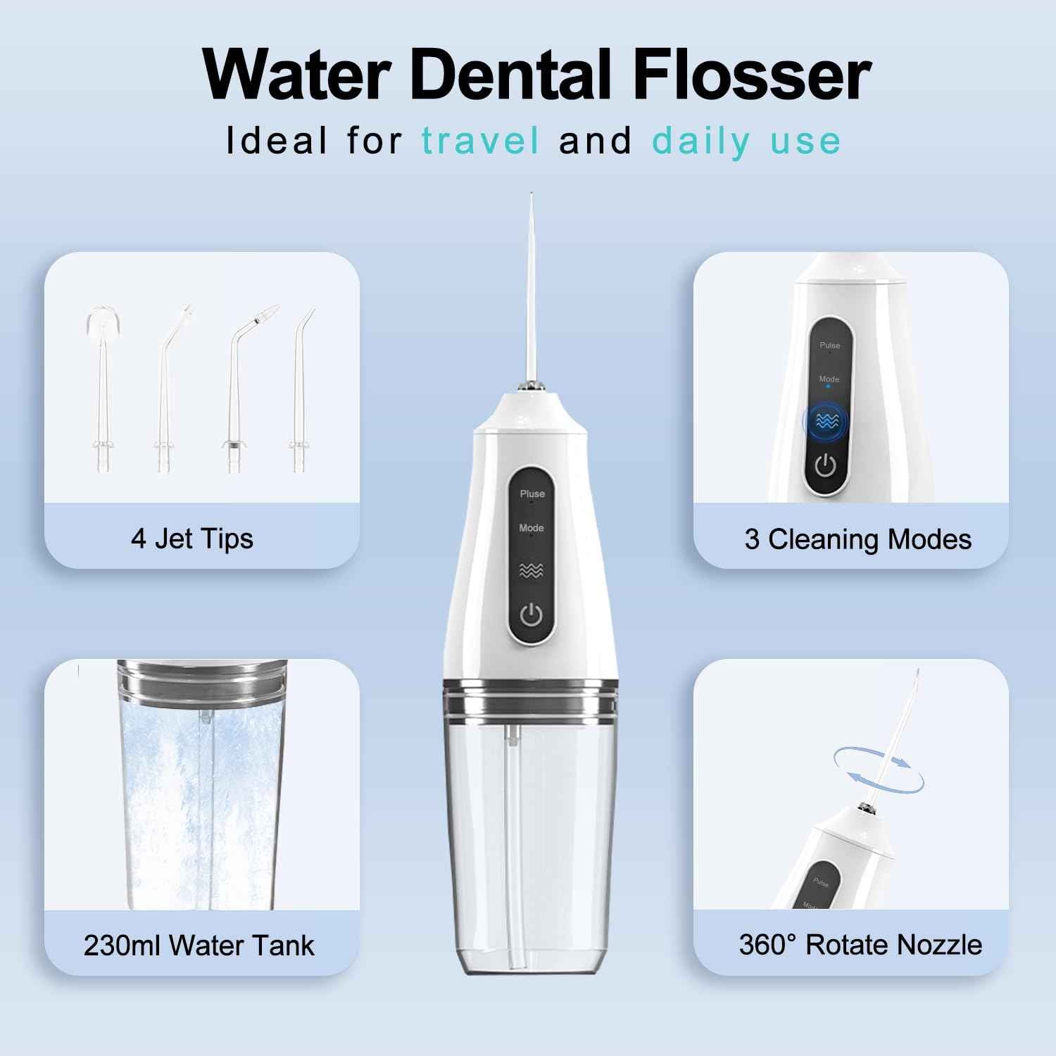 Portable Water Dental Flosser with 4 Jet Tip, 3 Mode Cordless Rechargeable Teeth Cleaner, Powerful Waterproof Dental Floss for Home Travel