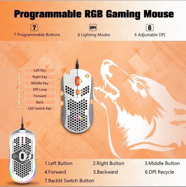 ZIYOU LANG Wired RGB Gaming Mouse,65G Lightweight Honeycomb Ultralight Mouse with High Precision Sensor 6400DPI,6 Button Programmable USB Gaming Mice,Precise Registration for PC Gamers Xbox PS4 Users