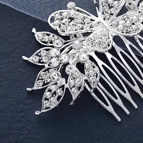 Foyte Crystal Wedding Hair Comb Rhinestone Bride headpiece Silver Butterfly hair piece Leaf Side Hair Combs for Women and Brides