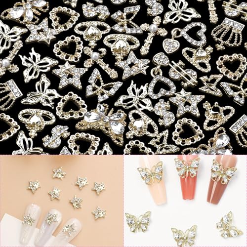 72 Pcs Cross Star Gold Nail Charms, Butterfly Stars Dangle Heart Dollars Crown Golden Nail Gems Charms 3D Star Heart Nail Gems Gold Charms for Nail Art DIY Supplies