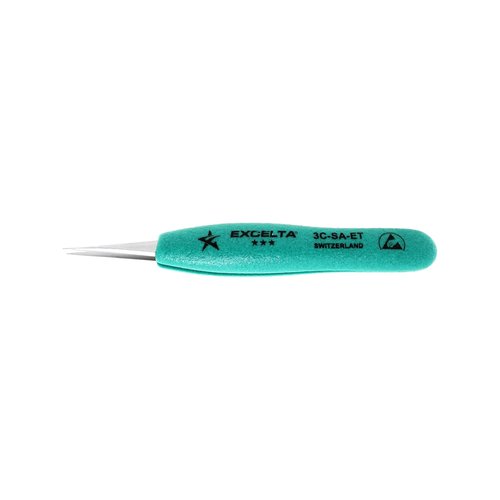Excelta 3C-SA-ET Straight Very Fine Precision Pointed Tweezers, Ergo-Tweeze TealShield Soft Cushioned Grips, Anti-Magnetic Neverust Stainless Steel, 4.75” Long, Swiss Made, Professional