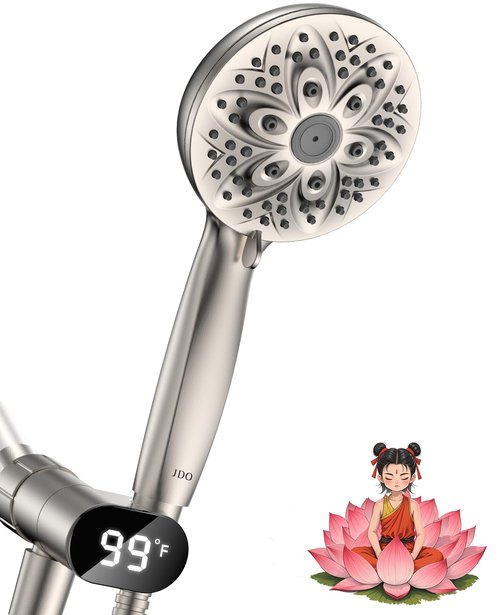 Handheld Showerheads with LED Display Temperature - JDO High Flow Showerhead with 6 Different Shower Modes - High Pressure even at Low Water Pressure - for Pet Bathing and Baby Care