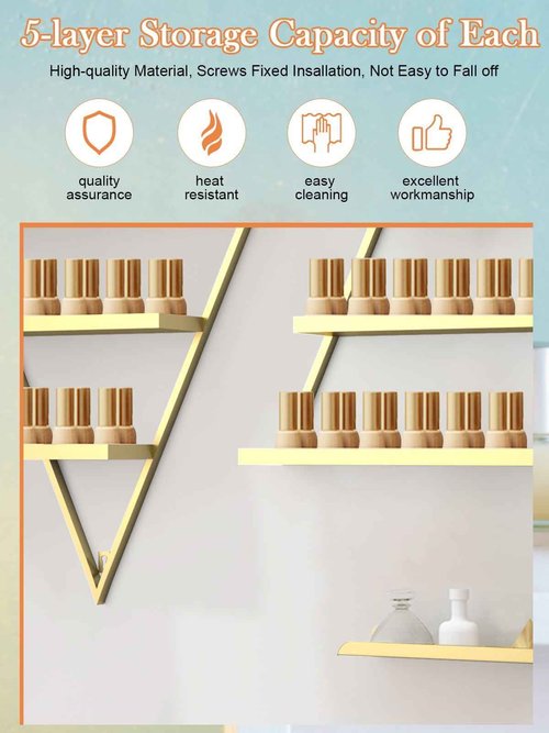 Lorvain Metal Wall-mounted Nail Polish Storage Racks 5 Tiers Gold Triangular Display Rack Cosmetic Display Cases Lipstick Perfume Wall Shelf Essential Oil Organizers for Home Spa Nail Salon Shop