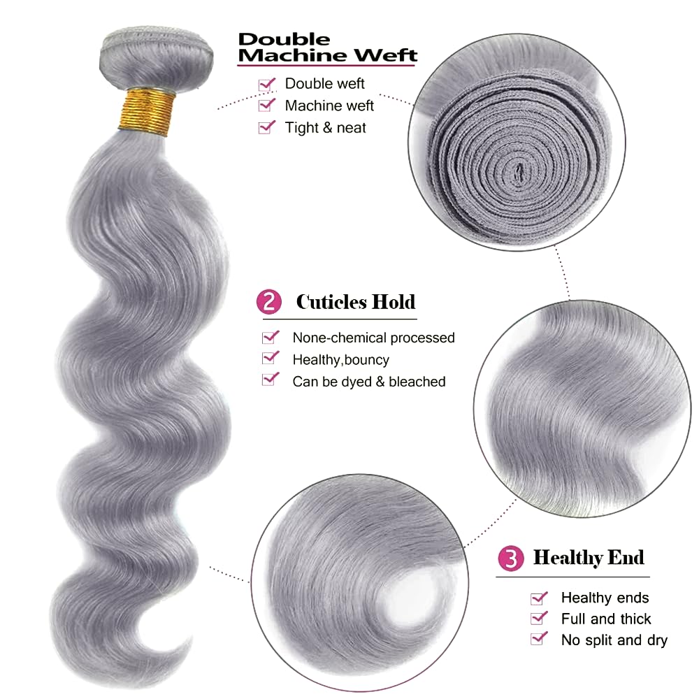 Grey Human Hair Bundles Gray Body Wave Bundle Silver Human Hair 3 Bundles 20 22 24 inch Brazilian Remy Gray Bundle 300g