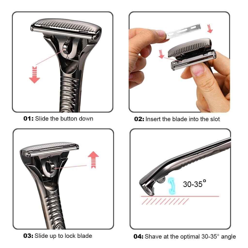 MYITKHT Magnetic Single Blade Razors for Men & Women,Reusable Safety Razor with 360° Rotating Track + 20 Single Edge Razor Blades + Waterproof Silicone Case - Bronze