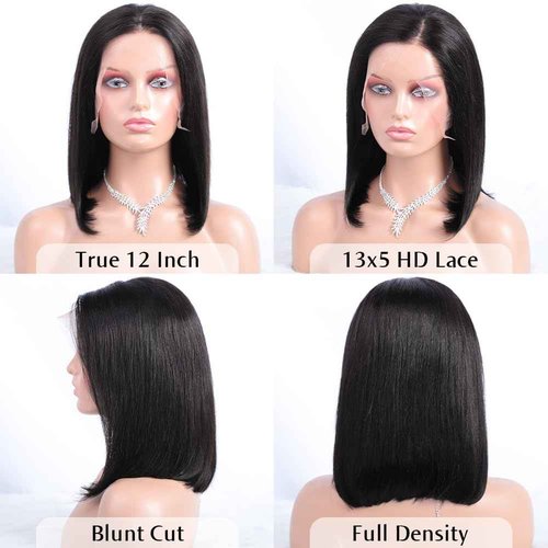 Flady 12 inch Straight Bob Wig Human Hair 13x4 HD Frontal Lace Wig Short Bob Wigs for Women Glueless Bob Lace Front Wigs Human Hair Pre Plucked 150% Density Natural Black Color