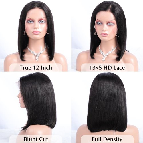 Flady 12 inch Straight Bob Wig Human Hair 13x4 HD Frontal Lace Wig Short Bob Wigs for Women Glueless Bob Lace Front Wigs Human Hair Pre Plucked 150% Density Natural Black Color