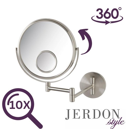 JERDON Wall Mount Mirror for Bathroom - Makeup Mirror with 10X Magnification and 15X Spot Mirror - Nickel Finish - Model JP7510N