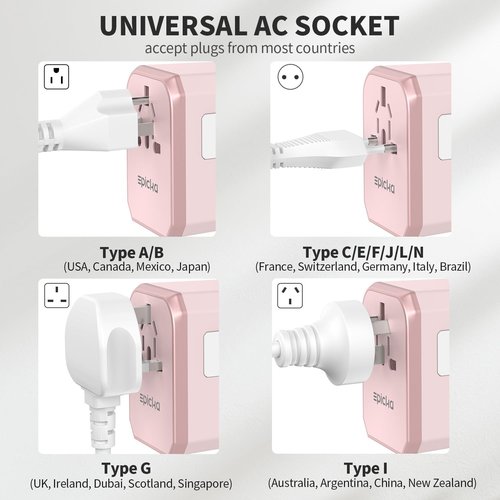 EPICKA Universal Travel Adapter, International Power Plug Adapter with 3 USB-C and 2 USB-A Ports, All-in-One Worldwide Wall Charger for USA EU UK AUS (TA-105C, Pink)