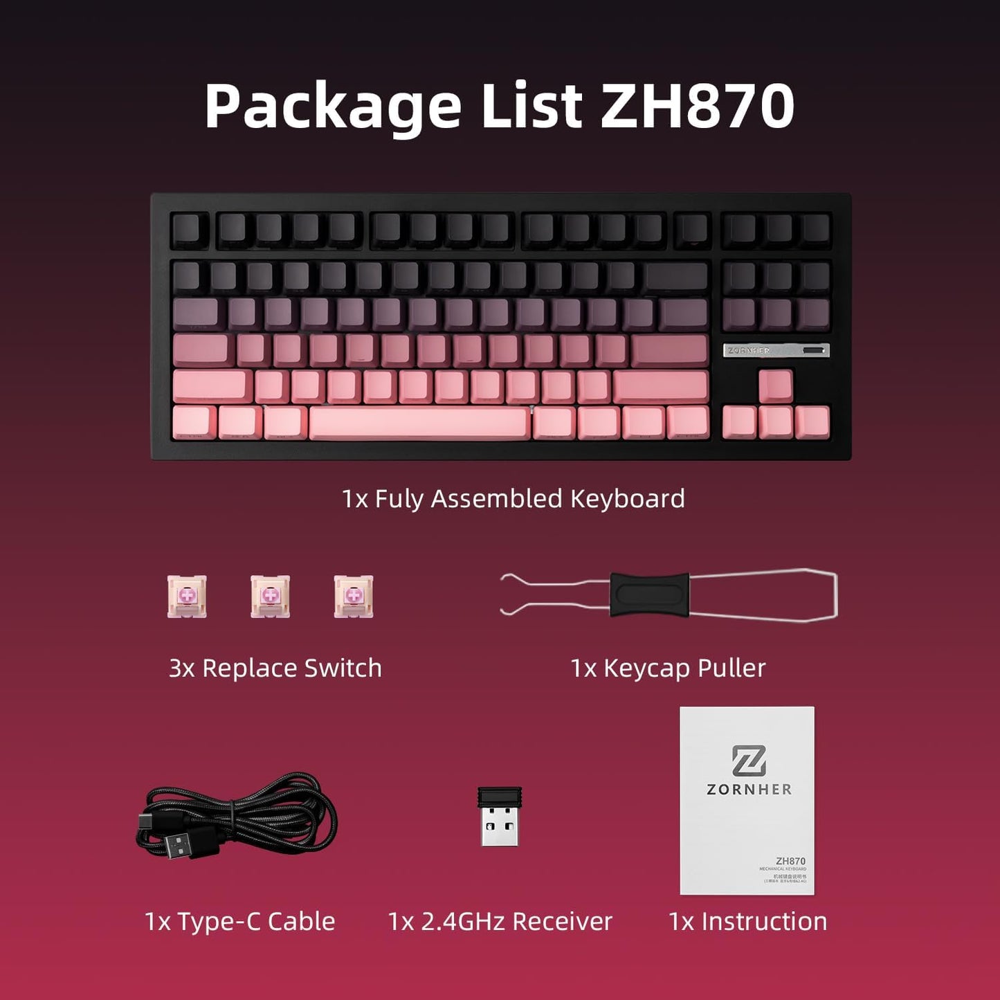ZORNHER ZH870 Wireless Mechanical Gaming Keyboard,80% Pink & Purple Custom Creamy Sound Keyboard with Shine Through PBT Keycaps,Pre-lubed Linear Switches,Hot-Swappable,RGB Backlit,2.4GHz/USB-C/BT5.0