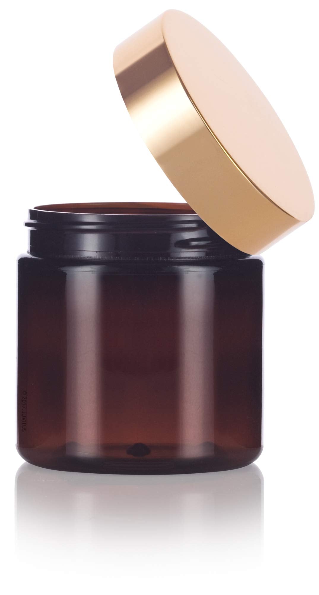 (24 pack) 4 oz Amber PET Plastic Jar with Gold Metal Overshell Lid