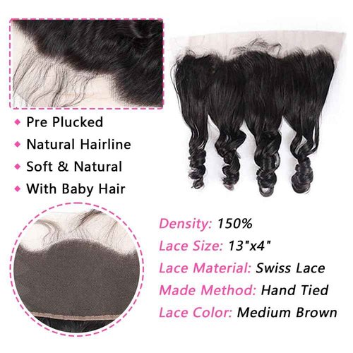 Weydlor Loose Body Wave Bundles Human Hair with Frontal (14 16 18+12) 12A Grade 100% Body Wave Human Hair Extensions 13x4 Lace Frontal Human Hair 180% Density Natural Black