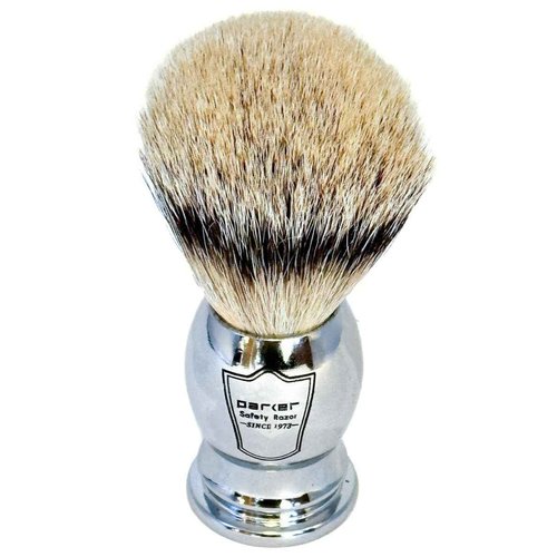 Parker 100% SILVERTIP Badger Shaving Brush – Chrome Handle & Stand – Premium 3-Band Badger Bristles for Smooth, Luxurious Lather