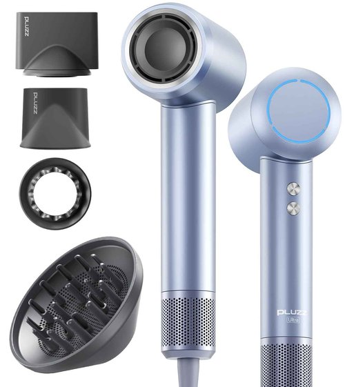 PLUZZ Professional Hair Dryer with Diffuser for Curly Hair, 400M Negative Ionic Blow Dryer for Fast Drying, 120,000 RPM High-Speed Brushless Motor, Low Noise Lightweight, Travel-Friendly (Silver)