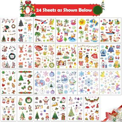 360 Styles Glitter Christmas Tattoos for Kids, Waterproof Temporary Tattoos Stickers for Kids Birthday Party Decorations Favors, Christmas Eve Goodie Bag Fillers(24 Sheets)