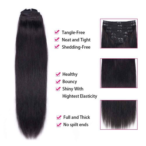 Straight Clip in Hair Extensions Real Human Hair 8Pcs Remy Human hair Clip ins for Women, Natural Soft Human Hair 120g 24inch #1B Natural Black