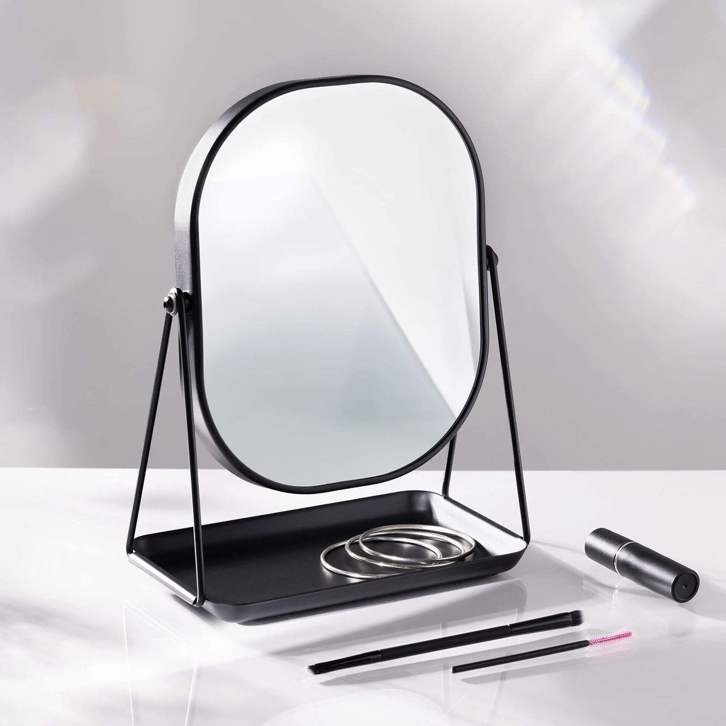 Navaris Vanity Mirror with Tray - Table Top Mirror with Metal Stand and Storage - 7" x 9" Mirror Size - For Makeup, Tabletop, Desk - Black Finish