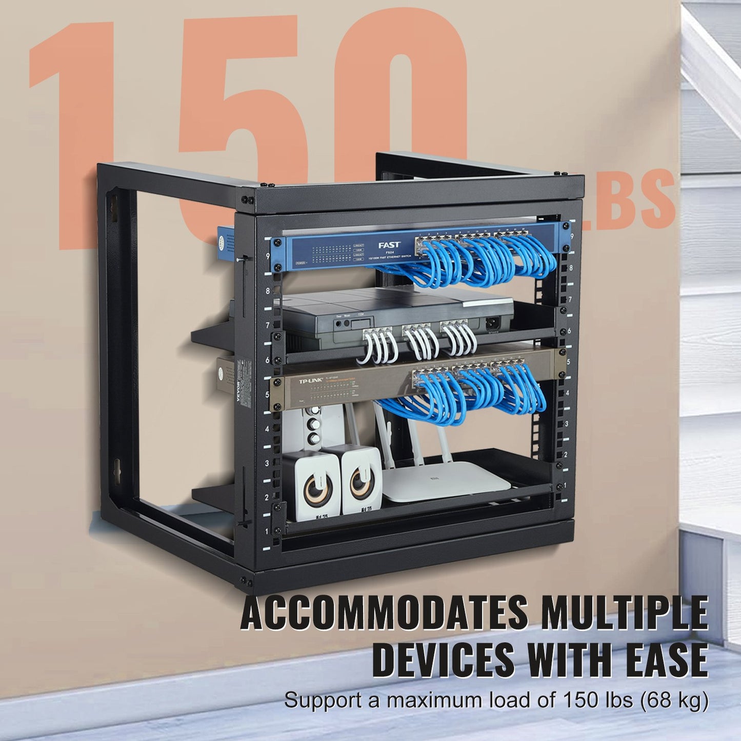 9U Wall Mount Server Rack Open Frame Steel Black 150 Lbs Capacity
