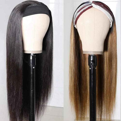 Headband Wig Human Hair Straight 18 Inch Headband Wigs for Black Women Glueless None Lace Front Human Hair Wigs Brazilian Virgin Hair Headband Wigs Natural Color+ 4/27 Highlight Color Two Headband Wig