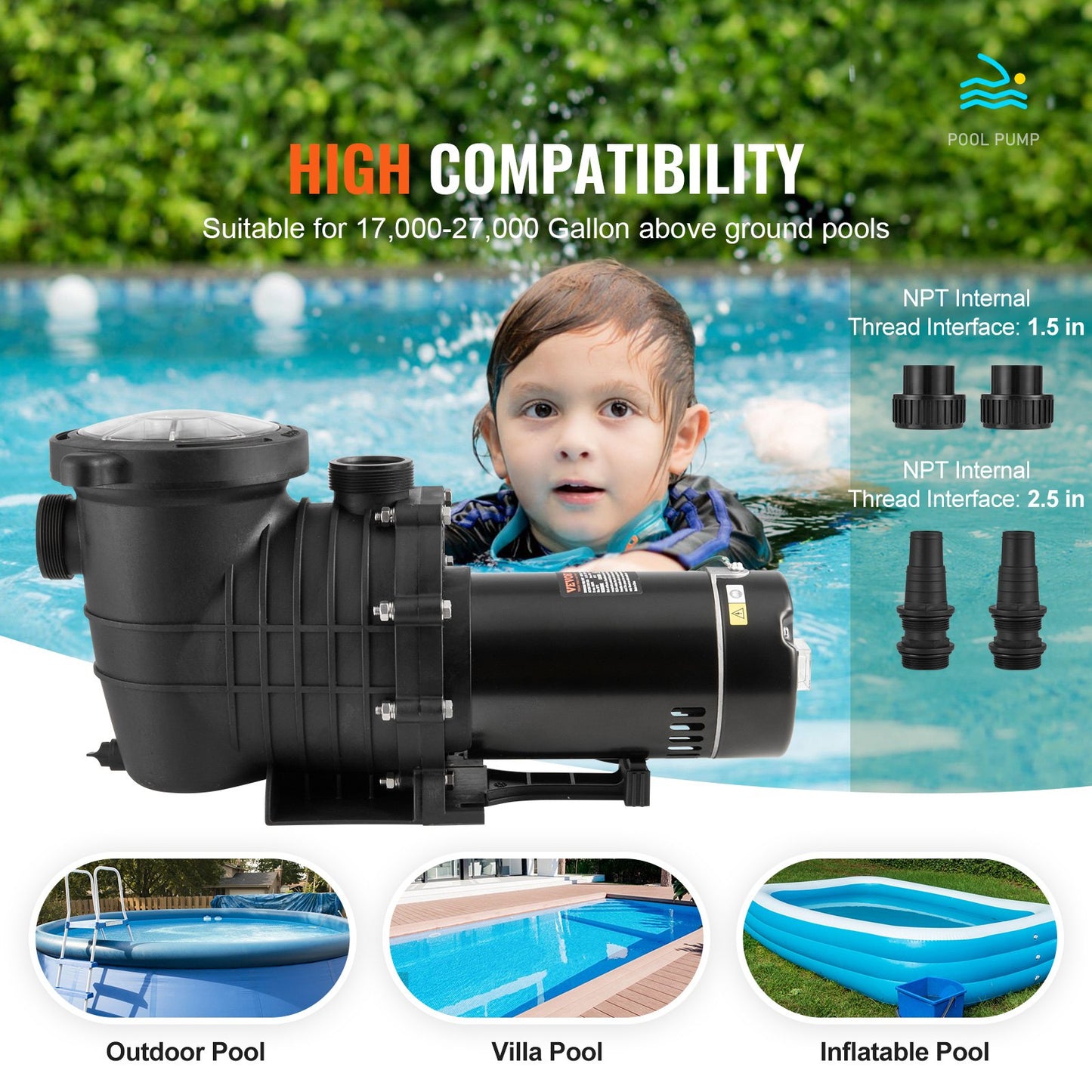 1HP Above Ground Pool Pump with Filter Basket - 80 GPM, 110V/240V, Black