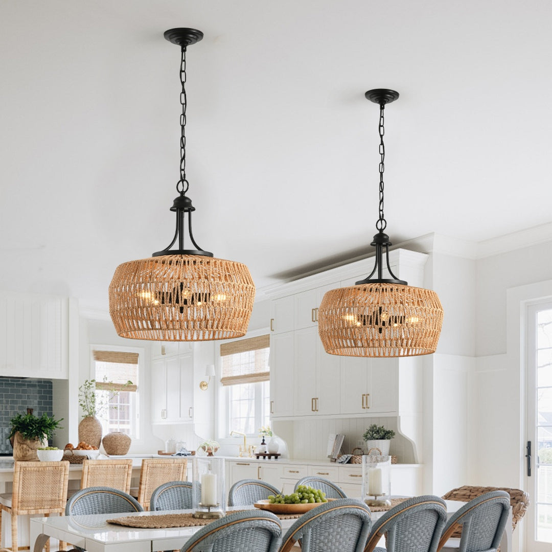 Boho Hemp Rope Pendant Light - Hand-Woven Jute Ceiling Fixture