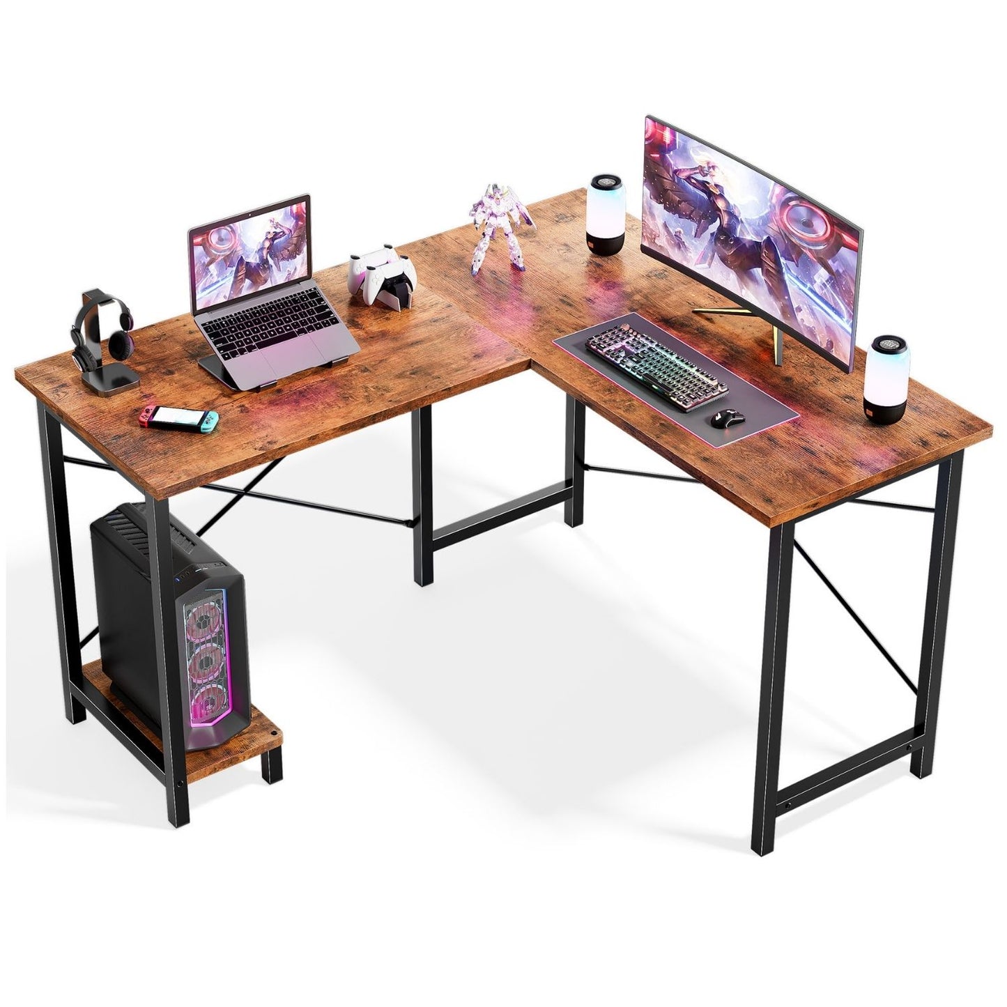 49-Inch L-Shaped Computer Desk with CPU Stand - Brown