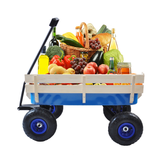 All Terrain Garden Wagon with Wood Railing and Air Tires for Outdoor Use