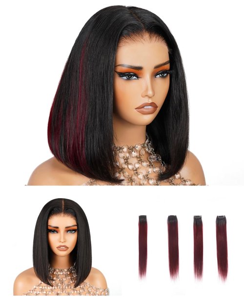 Arabella 12inch 6x6 Bob Wig Human Hair and 4 Pcs 1B/99J Clip in Hair Extensions Ready to Go Glueless Wig Real 210% Density Straight Glueless Bob Wigs Human Hair Pre Cut Lace Pre Bleached Tiny Knots