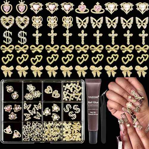 12 Grid Gold Nail Charms Kit - Crystal Pink Heart, Sparkly Dollar Sign, 3D Cross Butterfly Bowknot Charms - Y2K with Glue Gel, Tweezer for Women DIY Crafts Decoration