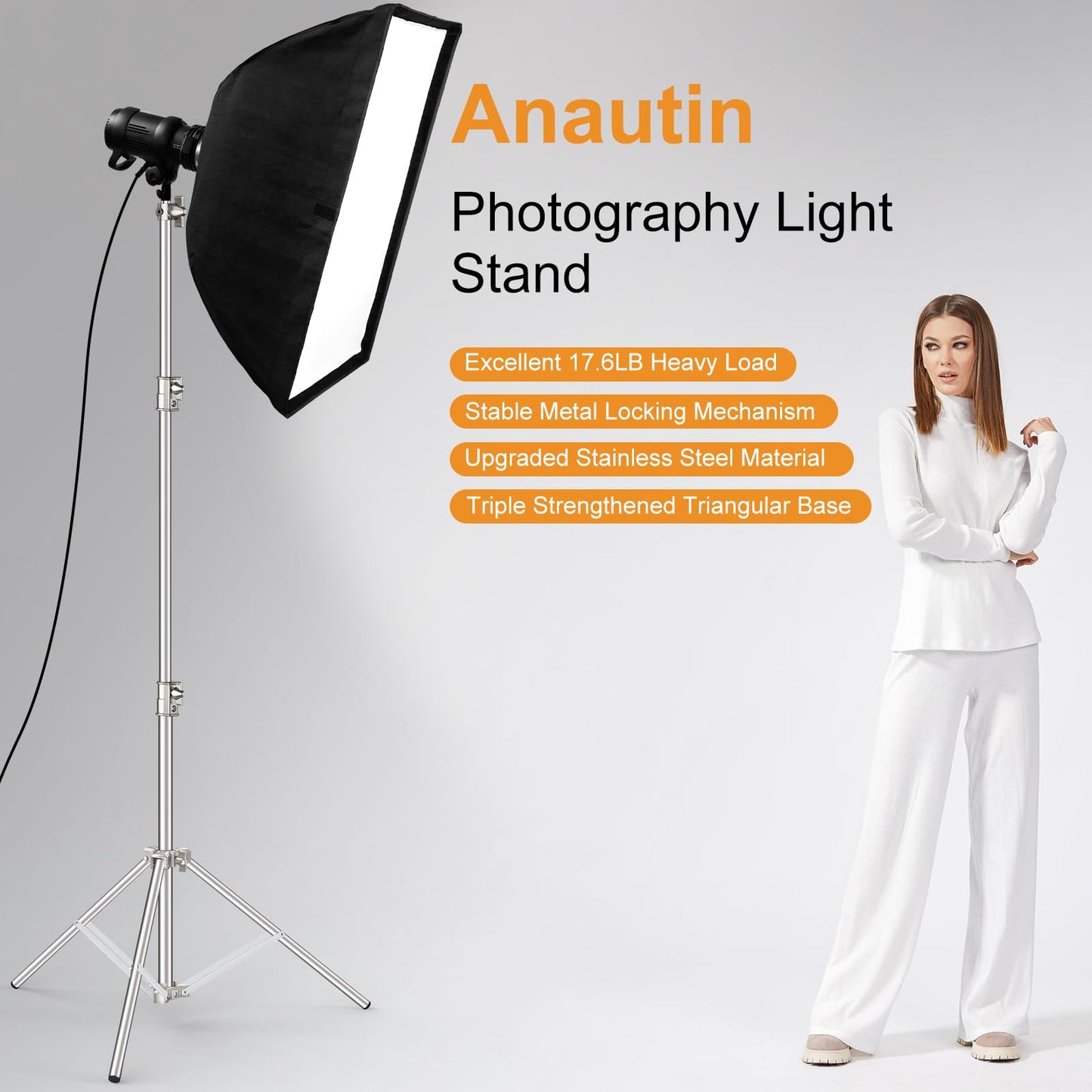 9.2 FT Stainless Steel Photography Stand, Heavy Duty Tripod With 1/4" to 3/8" Screw Adapter for Strobe, LED Video Light, Ring Light, Monolight, Softbox