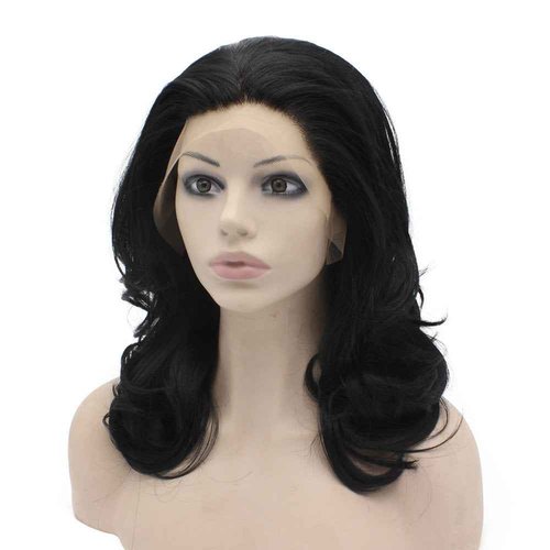 MX angel Medium Long Wavy Black Heat Resistant Synthetic Hair Lace Front Natural Wig