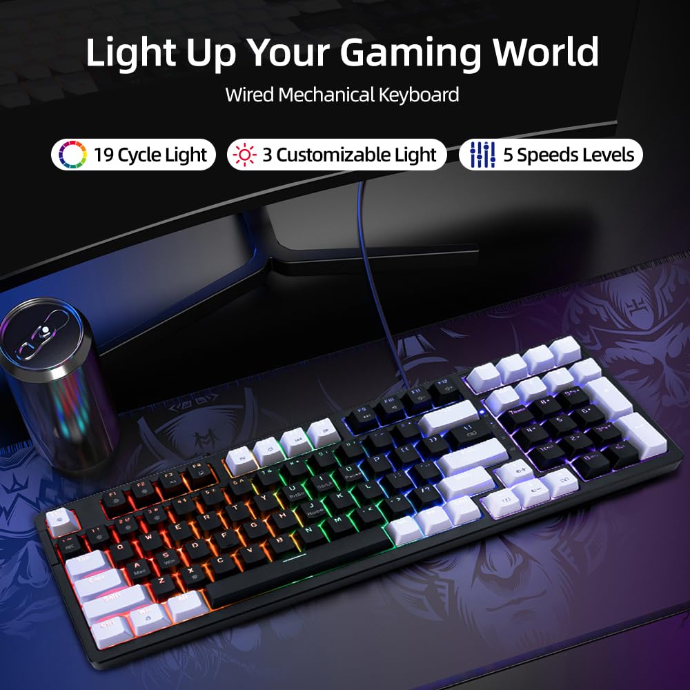 ANGELOYANG Mechanical Gaming Keyboard, Full Key Compact Wired RGB Backlit Light Up, Red Switches Hot Swappable USB C Creamy Sounding Silent White Mechanical Keyboard for PC MAC