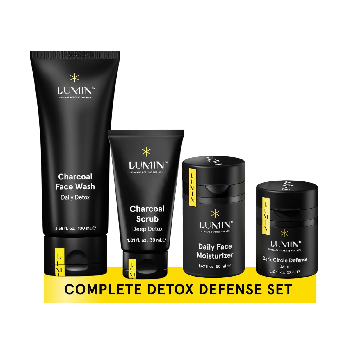 Lumin 4 Piece Men Skincare Set with Charcoal Face Wash, Deep Scrub, Daily Moisturizer & Dark Circle Defense Balm, Helps Detoxing & Hydrating, for All Skin Types