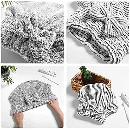 Microfiber Hair Towel Wrap, Soft Absorbent & Quick Drying Cap Set for Curly Thick Hair, Women & Girls - 2 Pcs (Stripe & Gray)
