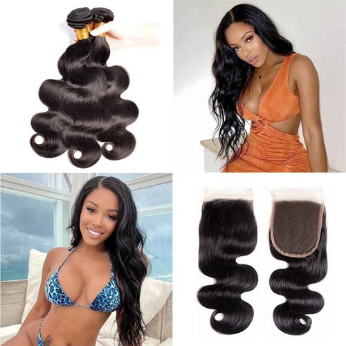 Body Wave Bundles with Closure Brazilian Human Hair 3 Bundles with Closure(18 20 22+16) Body Wave 100% Unprocessed Virgin Hair Bundles with 4x4 Lace Closure Free Part Natural Color Body Wave