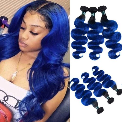 SEXAY Ombre Blue Bundles Hair Body Wave Brazilian Virgin Human Hair 3Bundles 1b/blue Body Wave Unprocessed 2 Tone Blue Virgin Bundles for Women (141618, Body 1b/Blue)