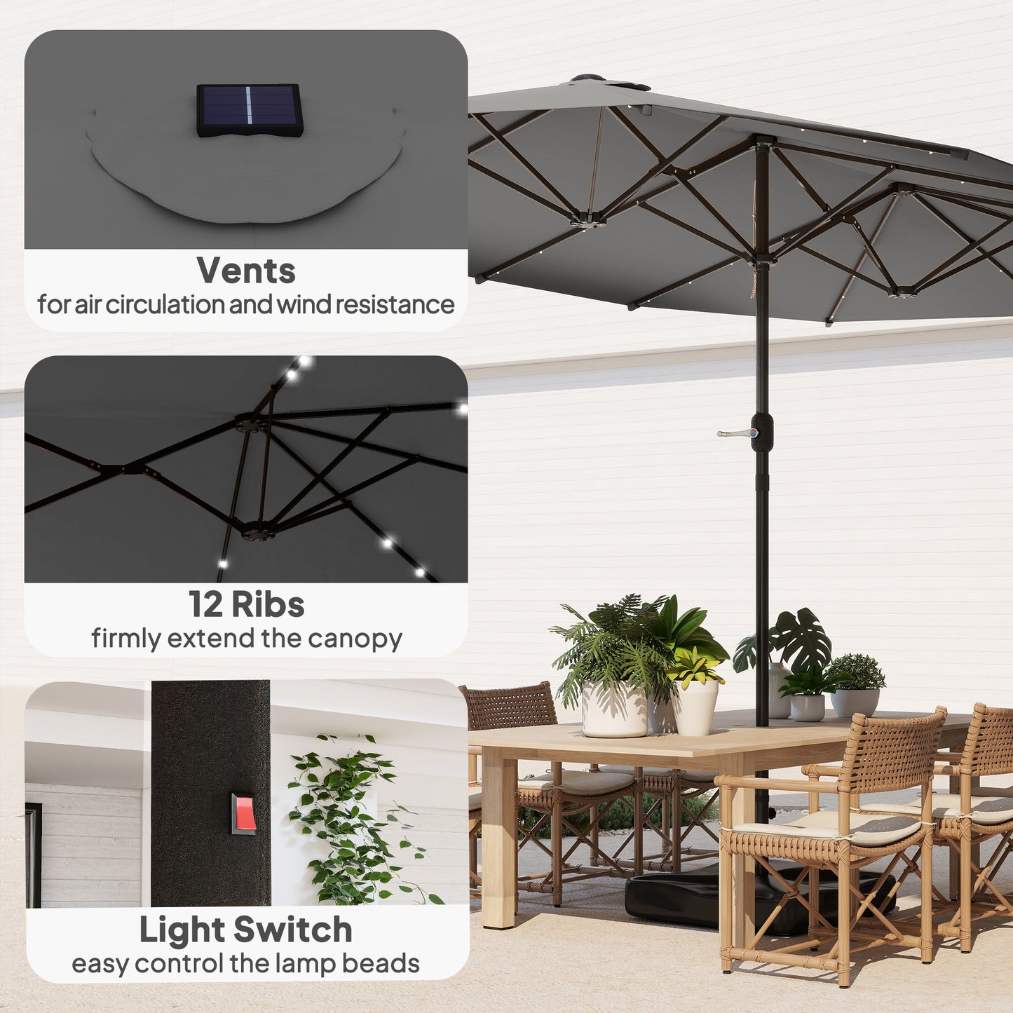Double-Sided 14.4ft Garden Parasol with Solar LED Lights - Gray