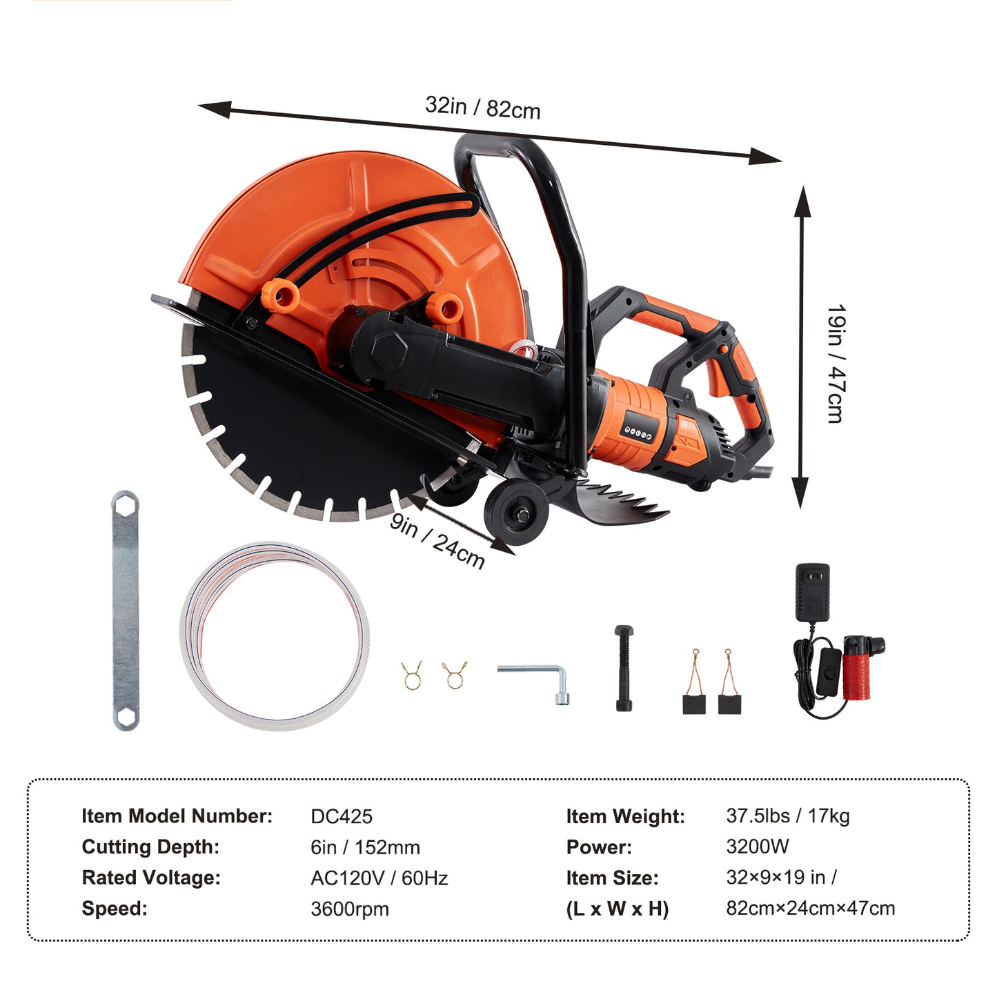 Electric Concrete Saw 16In 3200W Circular Cutter with Adjustable Depth Water Line