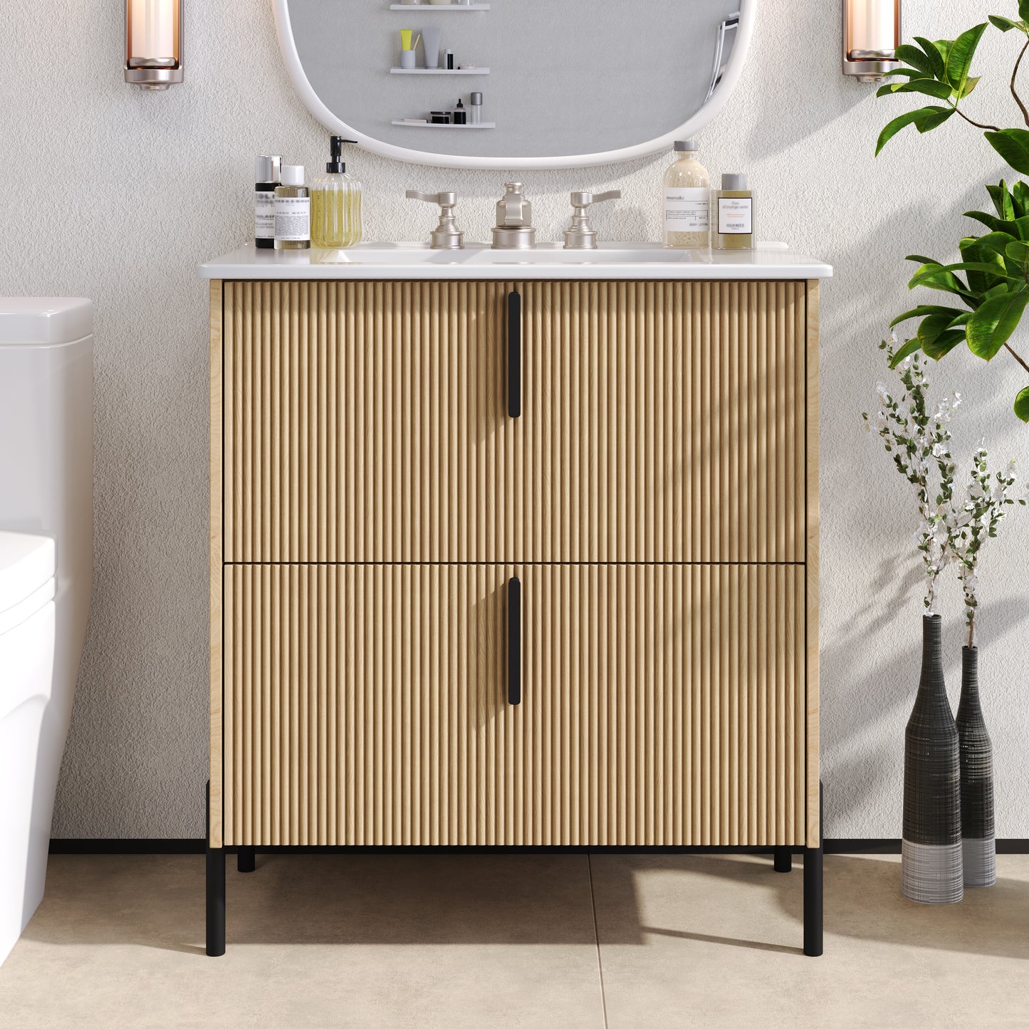 30" Bathroom Vanity with Ceramic Sink & Full-Extension Drawers - Natural